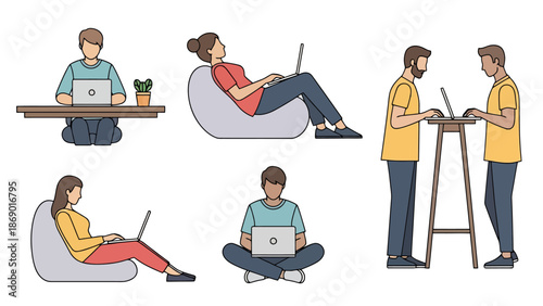Diverse individuals working remotely with modern devices in various comfortable and collaborative settings