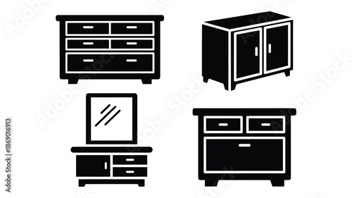 Black and white icons of furniture dressers cabinet and a small table