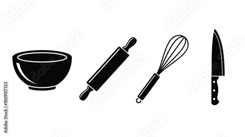 Black and white illustration of baking tools bowl rolling pin whisk and knife