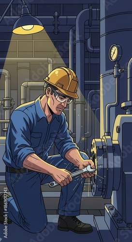 Industrial technician kneels while tightening equipment flange bolts in a dimly lit machinery room