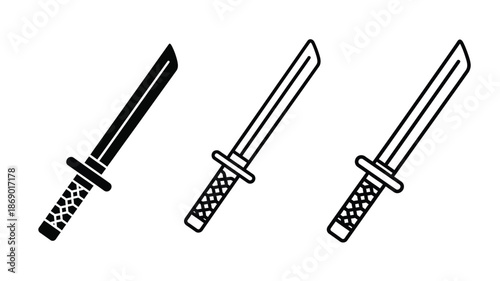 Three stylized katana swords in a simple black and white line art design