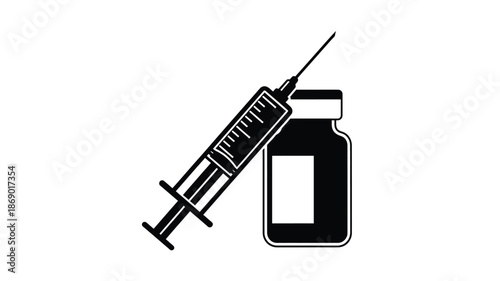 Simple black and white illustration of a syringe and a vial