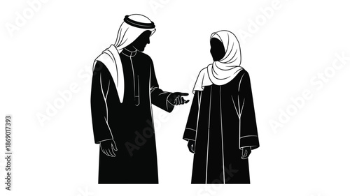A black and white illustration depicting a man and woman in traditional arab clothing