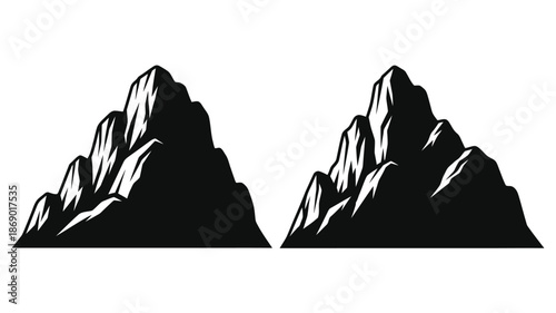 A striking black and white illustration of two rugged mountain peaks