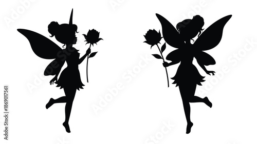 Two whimsical fairies holding roses in a delicate black silhouette design