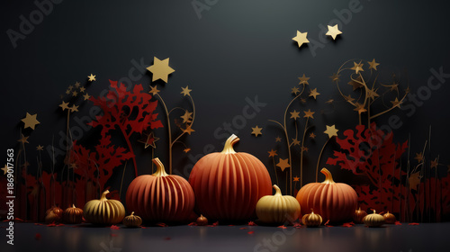 Stylized Halloween scene with pumpkins, autumn plants and glowing stars, elegant seasonal background with magical fall atmosphere.