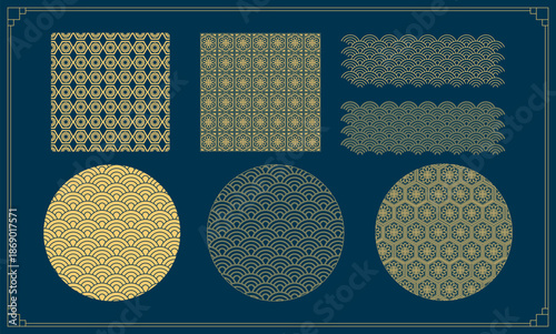 Modern Korean traditional wave and floral pattern set, gold oriental circular ornaments and seamless geometric designs for Asian cultural events