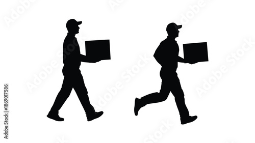Two delivery workers carrying packages are depicted in silhouette form