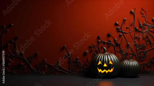Minimal Halloween scene with carved pumpkins on a dark red background, elegant spooky atmosphere with copy space, ideal for seasonal designs and autumn concepts.