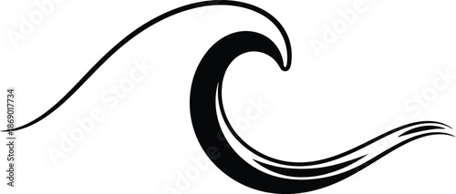 Minimalist black vector silhouette of a crashing ocean wave icon isolated on white background, suitable for tribal tattoo art, summer surf logos, and marine water graphic design elements.