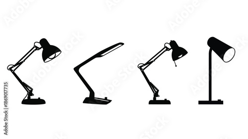 A collection of various black desk lamps in different adjustable positions