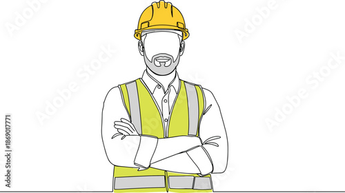 Line art illustration of a professional male construction worker wearing a yellow hard hat and safety vest with arms crossed.