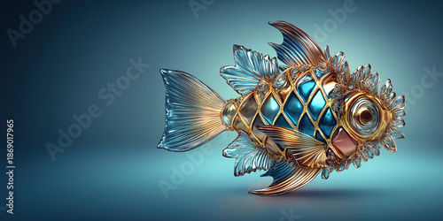Stunning artistic fish sculpture featuring intricate gold wire work and blue metallic scales, a luxury decorative glass ornament on a blue background.
