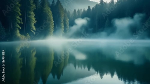 Misty lake surrounded by evergreen trees.