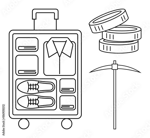 Travel, packing, finance, adventure, planning, minimalism. An organized suitcase with folded clothes, stacks of coins and a pickaxe. Travel and packing essentials concept