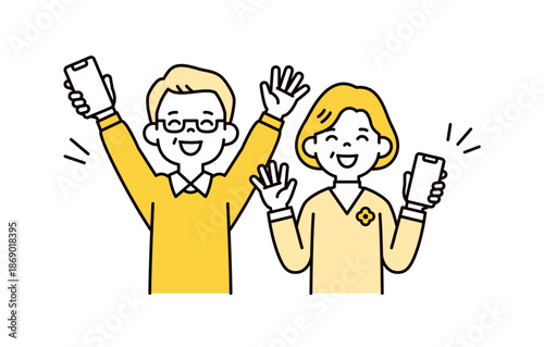スマートフォンを持って笑顔で喜ぶ、お年寄り夫婦のシンプルな上半身ベクターイラスト素材セット