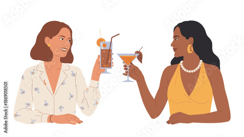 Diverse Women Toasting Cocktails Isolated on White Vector Illustration