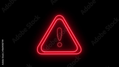A bright red neon animated warning sign with an exclamation mark glows on a black background, signaling caution and danger, with abstract motion and a looping effect.
