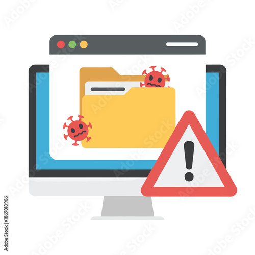 Computer Virus Infecting Digital Folder with Warning Sign, Flat Design Illustration