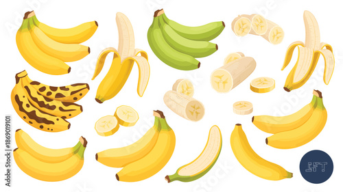 Bananas Yellow Green Spotted Peeled Sliced Isolated on White Vector Illustration