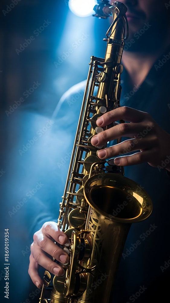 Obraz premium Vertical portrait of a saxophone player performing in a moody jazz club