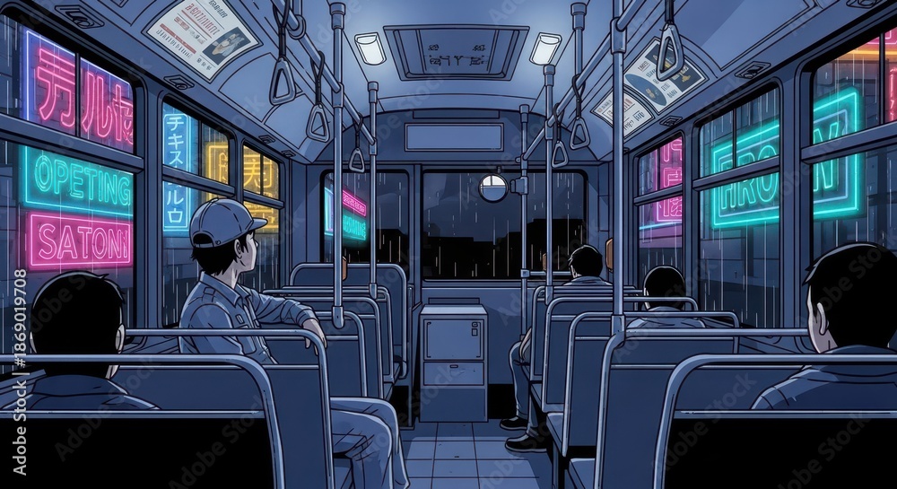 Fototapeta premium Figures observe illuminated city signs from inside a public transport vehicle during nighttime rain