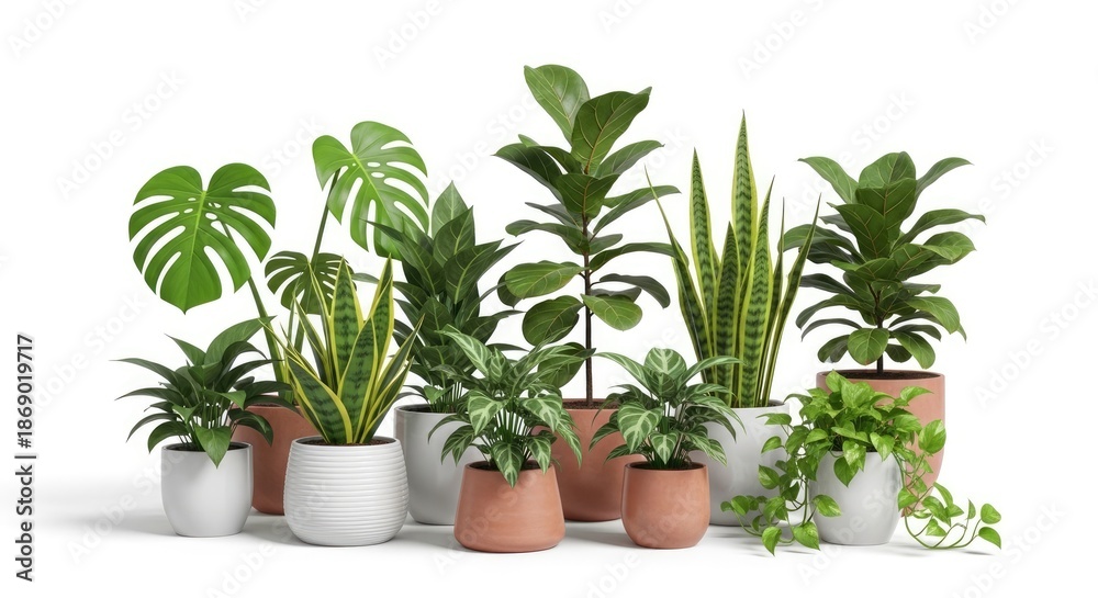 Fototapeta premium A collection of houseplants in various pots, including snake plants, monstera, and pothos.