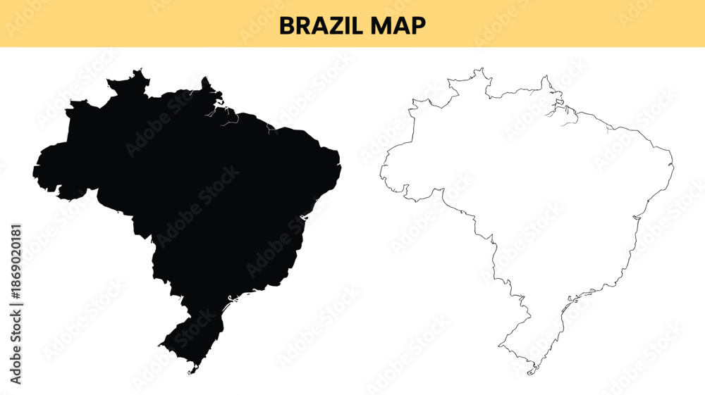 Naklejka premium Brazil Map Minimalist Graphic Black and White Silhouette and Outline Vector Illustration for Geography and Design Projects