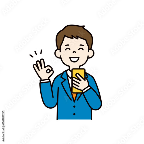 スマートフォンを持ってOKサインをする若いビジネスマンのベクターイラスト素材＿カラー