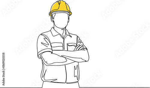 Professional construction engineer wearing yellow hard hat with arms crossed and working on laptop, continuous one line drawing vector illustration,