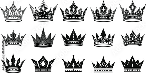 Set of royal crown silhouettes, collection of black queen and king crowns icons, luxury jewelry symbols, cad drawing flat vector illustration collection