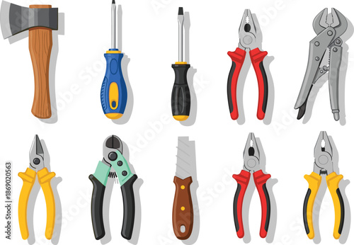 Professional hand tool set including axe screwdrivers pliers and utility knife for construction repair maintenance and industrial DIY home improvement projects
