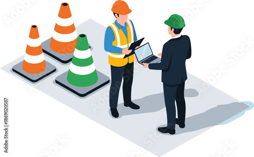 Professional engineers in safety vests and hard hats discussing industrial site project development using laptop and clipboard near construction cones