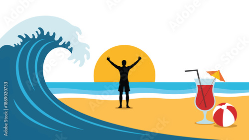 Joyful man on a sunny beach with a big ocean wave and sunset in a bright flat vector illustration for summer travel promotions.