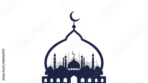 Stylized Vector Silhouette of a Mosque Dome and Cityscape with Crescent Moon, Embodying Islamic Faith, Culture, and Spiritual Celebration for Sacred Events and Holidays
