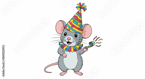 Playful cartoon mouse wearing a colorful party hat and scarf, ready for celebration.
