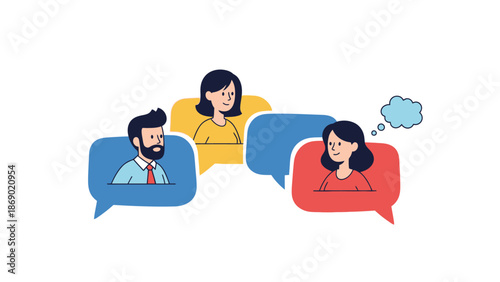 Illustration of people in speech bubbles, representing communication, discussion, and different opinions