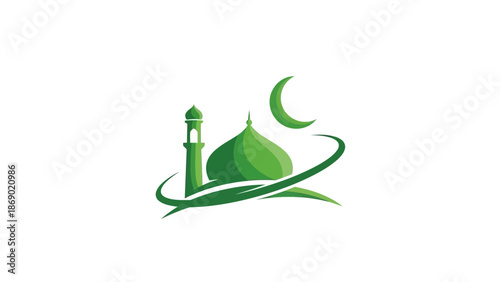 Islamic Crescent Moon and Mosque Dome Icon with Swirling Lines Representing Spirituality and Faith