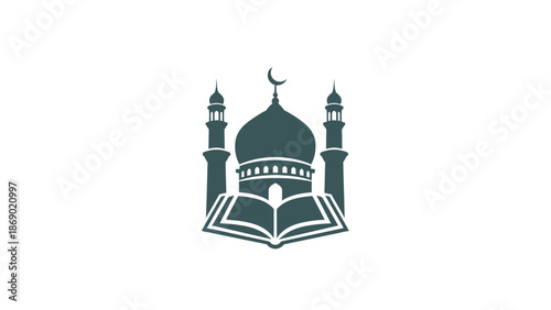 Symbol of a Mosque integrated with an open book, representing knowledge and Islamic faith, suitable for religious and educational contexts