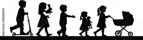 Silhouette of little girls playing with toys walking with stroller and riding scooter, childhood memories and kindergarten outdoor play activities vector illustration,