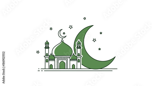 Ramadan Kareem greeting card design with mosque and crescent moon, religious Islamic illustration