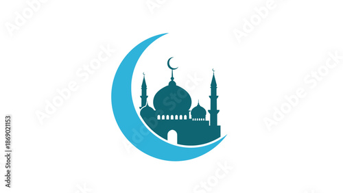 Elegant minimalist logo design featuring a mosque silhouette against a crescent moon, symbolizing Islamic faith, prayer, and spirituality, perfect for religious celebrations and community events