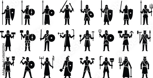 Medieval Warrior Silhouette Set Featuring Knights, Vikings, Soldiers and Weapons, Historical Fantasy Army Icons Collection Vector Illustration Design Pack