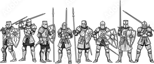 Medieval knight armor illustration, black and white vector, historical warriors, ceremonial stance, swords and shields, battle ready, detailed engraving