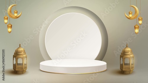 Elegant ramadan podium with lanterns and crescent moon decorations