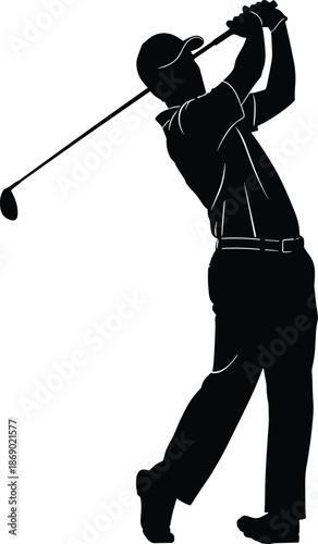Silhouette of male golf player swinging a driver or iron golf club, making a full follow-through shot on the course, professional sportsman activity vector illustration