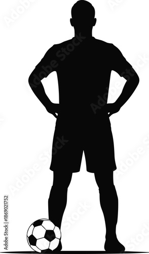 Silhouette of male soccer player or football athlete standing with hands on hips and one foot on a ball, serious sportsman resting after training vector illustration
