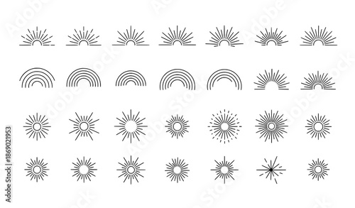 Minimal sunbeams line icon set black glow rays and flash symbols flat vector illustration