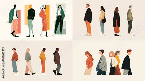 Flat vector illustration of diverse people standing and walking in profile representing movement routine and individuality in modern urban lifestyle scenes.