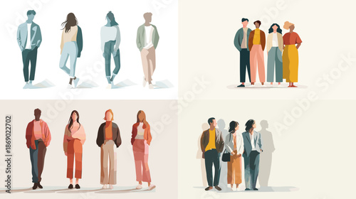 Modern flat illustration of diverse men and women standing in small groups showing individuality fashion and everyday social interaction in contemporary lifestyle scenes.